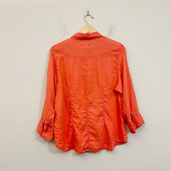 THE TERRITORY AHEAD 100% Linen Button-Up Shirt Roll-Tab Sleeve Orange - Picture 4 of 8